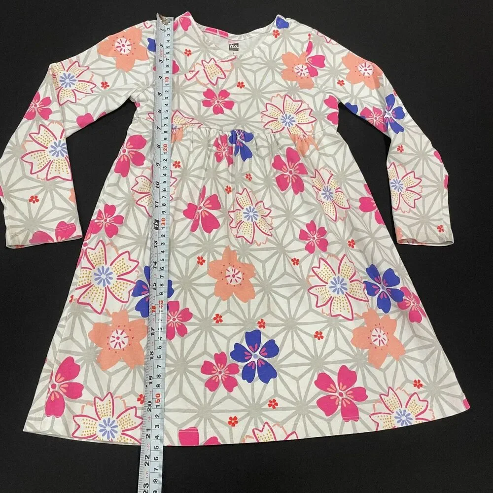 ~ Tea Dress, 5 Girls, Floral, Long Sleeve, Wrap, Pink Gray Purple Cotton Stretch